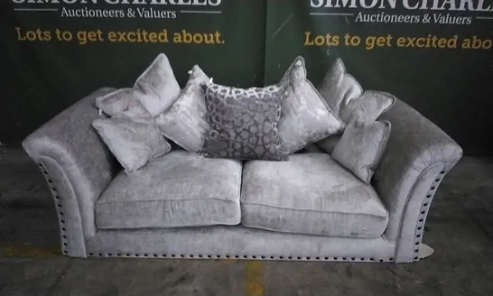 DESIGNER VESPER GREY FABRIC THREE SEATER SOFA WITH STUDDED ARM DETAIL