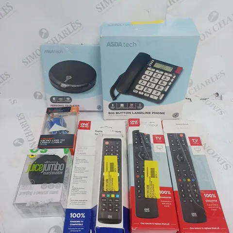 BOX OF APPROXIMATELY 20 ASSORTED ELECTRICAL PRODUCTS TO INCLUDE LANDLINE PHONE, REPLACEMENT REMOTE CONTROL, WIRELESS SPEAKER ETC