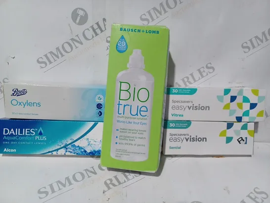 APPROXIMATELY 20 ASSORTED HOUSEHOLD ITEMS TO INCLUDE EASYVISION CONTACT LENSES, BIOTRUE MULTI-PURPOSE SOLUTION, ETC