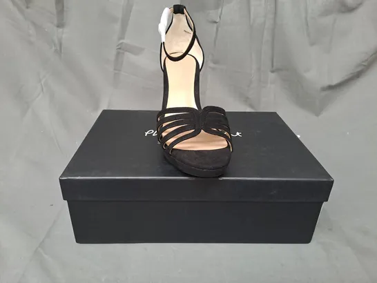 BOXED PAIR OF PHASE EIGHT SUED PLATFORM OPEN TOE BLOCK HEEL SHOES IN BLACK UK SIZE 4