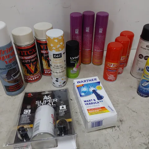 TWO TOTES OF ASSORTED AEROSOLS INCLUDING, DRY SHAMPOO, HEAT RESISTANT PAINT, WART REMOVER, AIR CON SEALER, DEEP HEAT, HARRYS SHAVING FOAM, WATERPROOF SPRAY, HAIR CARE, 