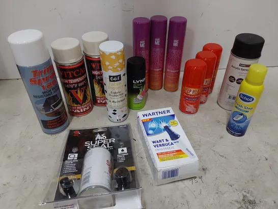 TWO TOTES OF ASSORTED AEROSOLS INCLUDING, DRY SHAMPOO, HEAT RESISTANT PAINT, WART REMOVER, AIR CON SEALER, DEEP HEAT, HARRYS SHAVING FOAM, WATERPROOF SPRAY, HAIR CARE, 