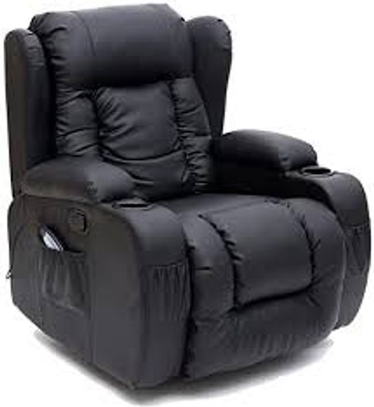 BOXED DESIGNER CAESAR BLACK LEATHER MANUAL RECLINING EASY CHAIR  (2 BOXES)