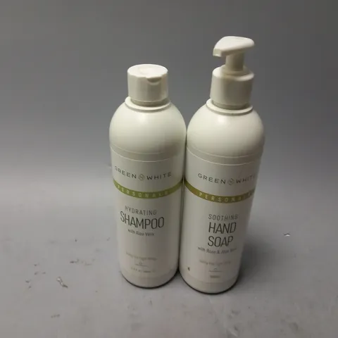APPROXIMATELY 30 ASSORTED GREN N WHITE PRODUCTS TO INCLUDE SOOTHING HAND SOAP (500ml), SHAMPOO (500ml) - COLLECTION ONLY