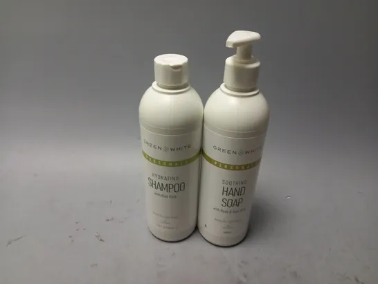 APPROXIMATELY 30 ASSORTED GREN N WHITE PRODUCTS TO INCLUDE SOOTHING HAND SOAP (500ml), SHAMPOO (500ml) - COLLECTION ONLY