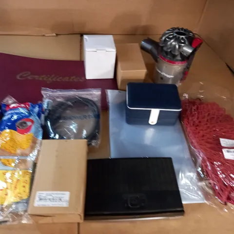 LARGE QUANTITY OF ASSORTED HOUSEHOLD ITEMS TO INCLUDE CERTIFICATE BOOK, DYSON PARTS AND SHOWER TUBE