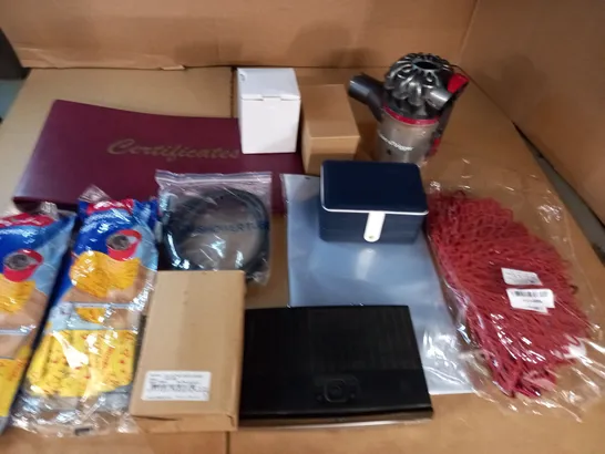 LARGE QUANTITY OF ASSORTED HOUSEHOLD ITEMS TO INCLUDE CERTIFICATE BOOK, DYSON PARTS AND SHOWER TUBE