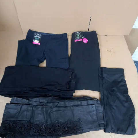 BOX OF APPROX 25 ASSORTED SCHOOL CLOTHING ITEMS IN VARIOUS SIZES TO INCLUDE - F&F GIRLS SCHOOL TROUSERS 3-4 YEARS , F&F SLIM LEG 9-10  YEARS , F&F BLACK LEGGINGS BASE LAYER 9-10 YEARS ETC