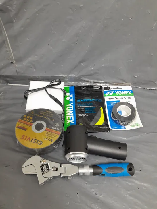 APROXIMATELY 15 ASSORTED HOUSEHOLD ITEMS TO INCLUDE SPANNER , CUTTING WHEEL , ETC 