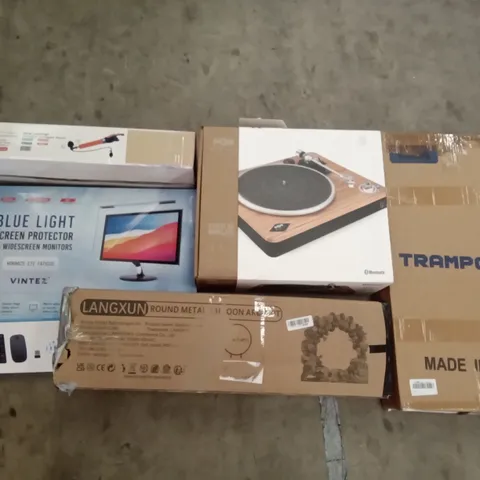 PALLET OF ASSORTED ITEMS INCLUDING TRAMPOLINE, ROUND METAL BALLOON ARCH KIT, MARLEY TURNTABLE, BLUE LIGHT SCREEN PROTECTOR, WIRELESS KEYBOARD AND MOUSE SET, DRAINPIPE UNCLOGGED DEVICE