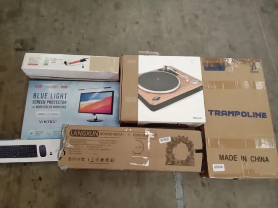 PALLET OF ASSORTED ITEMS INCLUDING TRAMPOLINE, ROUND METAL BALLOON ARCH KIT, MARLEY TURNTABLE, BLUE LIGHT SCREEN PROTECTOR, WIRELESS KEYBOARD AND MOUSE SET, DRAINPIPE UNCLOGGED DEVICE