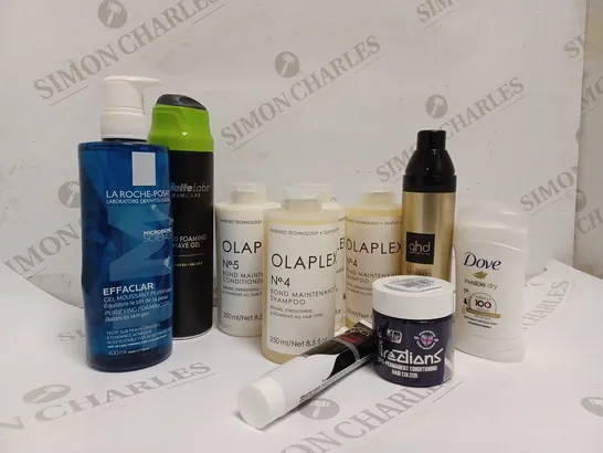 APPROXIMATELY 10 ASSORTED HEALTH AND BEAUTY PRODUCTS TO INCLUDE OLAPLEX NO 4 BOND MAINTENANCE SHAMPOO, GILLETTE SHAVING FOAM, GHD BODYGUARD HEAT PROTECT SPRAY