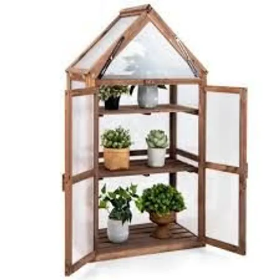 BOXED COSTWAY 3-TIER GARDEN COLD FRAME, PORTABLE WOODEN MINI GREENHOUSE STORAGE SHELVES - BROWN