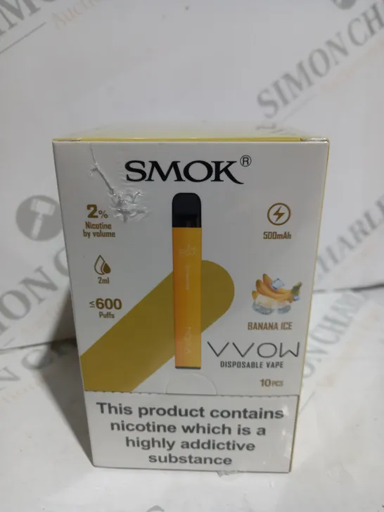 BOXED CELLOPHANE-WRAPPED PACK OF TEN SMOK VVOW DISPOSABLE VAPES - BANANA ICE