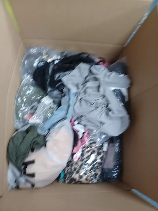 BOX OF ASSORTED CLOTHING ITEMS TO INCLUDE BOXERS, TOPS, GLOVES ETC 