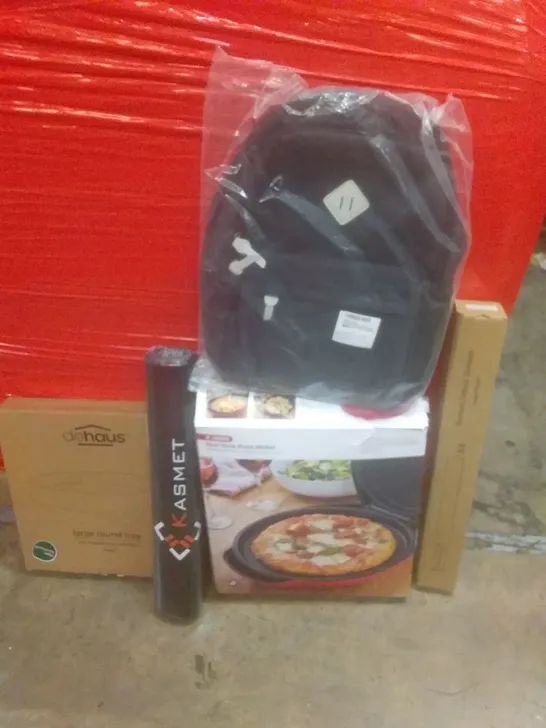 PALLET OF ASSORTED ITEMS INCLUDING LARGE ROUND TRAY, BAMBOO DRAWER DIVIDERS, NONSTICK PIZZA MAKER, SCHOOL BAG