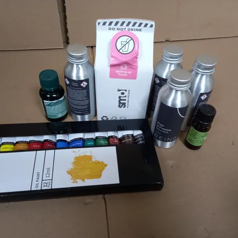 BOX OF ASSORTED ITEMS TO INCLUDE - DEFUSE REFILLS - WASHING UP LIQUIDS - PAINT / COLLECTION ONLY  