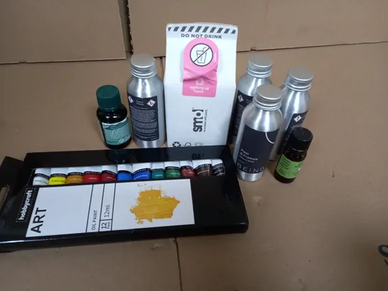 BOX OF ASSORTED ITEMS TO INCLUDE - DEFUSE REFILLS - WASHING UP LIQUIDS - PAINT / COLLECTION ONLY  