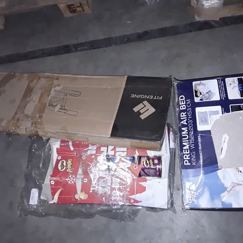 PALLET OF ASSORTED ITEMS TO INCLUDE A 2900W OIL FILLED RADIATOR,A EXTENDABLE STAINLESS STEEL RAIL WITH WHEELS, A PREMIUM AIR BED AND A PULL UP BAR