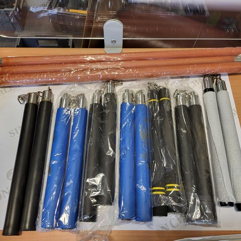 BOX OF 8 SPORTS TRAINING/CEREMONIAL NUNCHUCKS AND THREE-SECTION STAFF