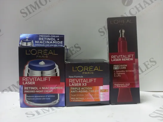 BOX OF 3 ASSORTED L'OREAL PARIS PRODUCTS TO INCLUDE REVITALIFT LASER PRESSED NIGHT CREAM, TRIPLE ACTION ANTI-AGING CREAM, PRECISION EYE CARE CREAM, ETC 