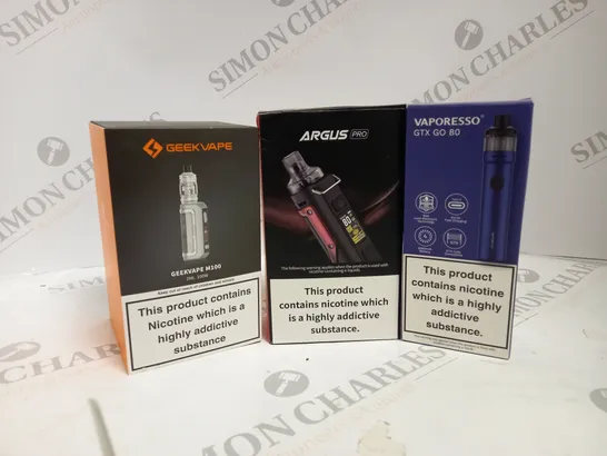 APPROXIMATELY 20 ASSORTED BOXED VAPING PRODUCTS TO INCLUDE GEEKVAPE M100, VOOPOO ARGUS PRO, VAPORESSO GTX GO 80 ETC. 