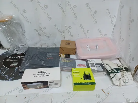 BOX OF APPROXIMATELY 12 ASSORTED ITEMS TO INCLUDE FOLDING WASHBAG, LOCK BOX, AND CAKE BOARD ETC. 