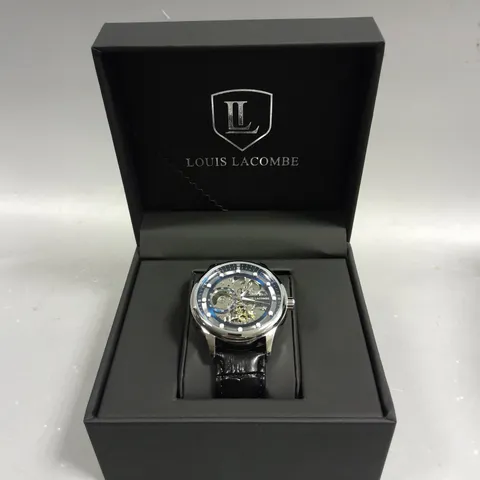 MEN'S LOUIS LACOMBE AUTOMATIC WATCH BLUE SKELETON DIAL, SILVER COLOURED BEZEL, GLASS EXHIBITION BACK CASE