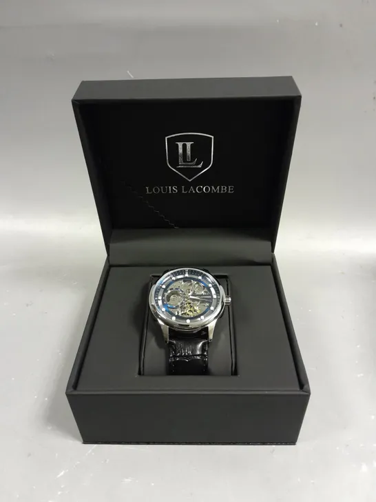 MEN'S LOUIS LACOMBE AUTOMATIC WATCH BLUE SKELETON DIAL, SILVER COLOURED BEZEL, GLASS EXHIBITION BACK CASE