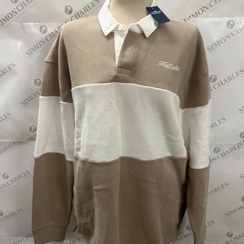 HOLLISTER POLO NECK FLEECE SWEATSHIRT IN BEIGE SIZE L