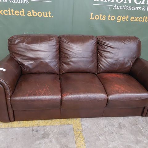 DESIGNER BROWN LEATHER 3 SEATER SOFA WITH SCROLL ARMS