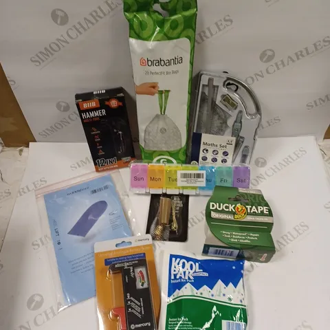 BOX OF APPROXIMATELY 20 ASSORTED HOUSEHOLD ITEMS TO INCLUDE HAMMER MULTI-TOOL, PILL BOX, UNIVERSAL BATTERY TESTER ETC 