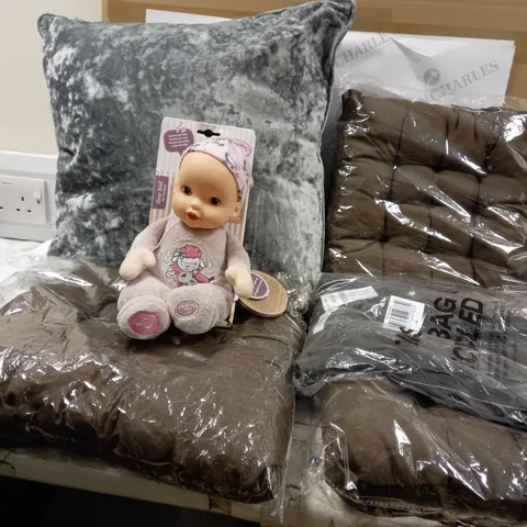 BOX OF APPROXIMATELY 5 HOUSEHOLD ITEMS TO INCLUDE BABY ANNABELL DOLL, COTTON ON THE CREW TEE IN BLACK, 3 BROWN COUCH CUSHIONS, DUNELM CRUSHED VELOUR CUSHION