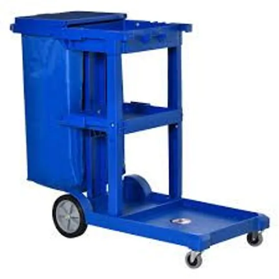 BOXED HOMCOM JANITOR CLEANING TROLLEY, WITH BIN, SHELVES AND HOOKS - BLUE