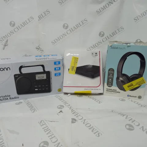 APPROXIMATELY 20 ASSORTED ITEMS TO INCLUDE PORTABLE RADIO, DVD WRITER, WIRELESS HEADPHONES ETC. 