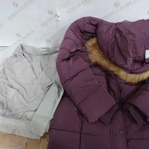 BOX OF APPROX 8 ASSORTED CLOTHING ITEMS TO INCLUDE - CENTI GRADE PURPLE COAT SP - WHITE STUFF JUMPER UK 14 ECT 