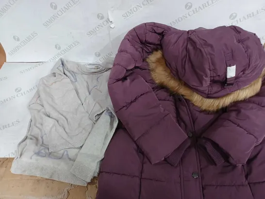 BOX OF APPROX 8 ASSORTED CLOTHING ITEMS TO INCLUDE - CENTI GRADE PURPLE COAT SP - WHITE STUFF JUMPER UK 14 ECT 