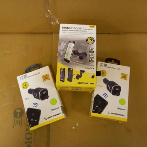 BOX OF APPROX 10 SCOSCHE ITEMS TO INCLUDE WIRELESS HANDS FREE KIT AND MAGNECTIC MOUNT FOR MOBILE DEVICES