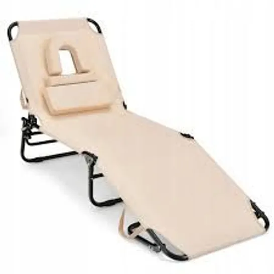 BOXED COSTWAY BEACH CHAISE LOUNGE CHAIR W/ 5-POSITION ADJUSTABLE BACKREST & FACE HOLE PILLOWS