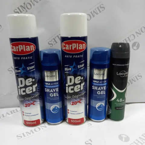 BOX OF APPROXIMATELY  15 ASSORTED AEROSOLS TO INCLUDE CARPLAN DE-ICER, LACURA SHAVE GEL, LACURA DEODORANT ETC - COLLECTION ONLY