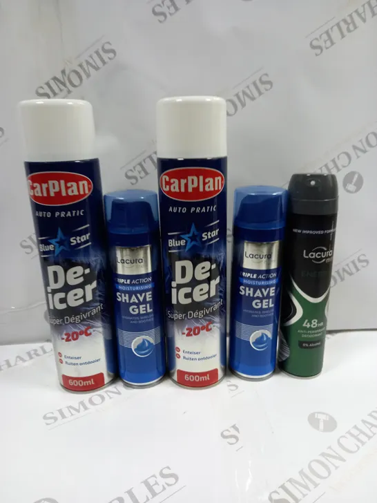 BOX OF APPROXIMATELY  15 ASSORTED AEROSOLS TO INCLUDE CARPLAN DE-ICER, LACURA SHAVE GEL, LACURA DEODORANT ETC - COLLECTION ONLY