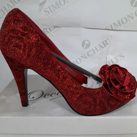 BOXED PAIR OF OCCASSIONS BY CASANDRA OPEN TOE ROSE DETAIL HEELS IN RED - SIZE 5