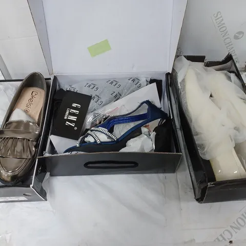 LARGE BOX OF APPROXIMATELY 8 ASSORTED BOXED AND UNBOXED SHOES TO INCLUDE BOOTS AND HEELS ETC.