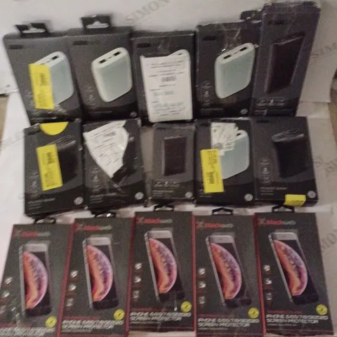 LOT OF APPROX 15 PHONE ACCESSORIES TO INCLUDE BATTERY BANKS AND SCREEN PROTECTORS