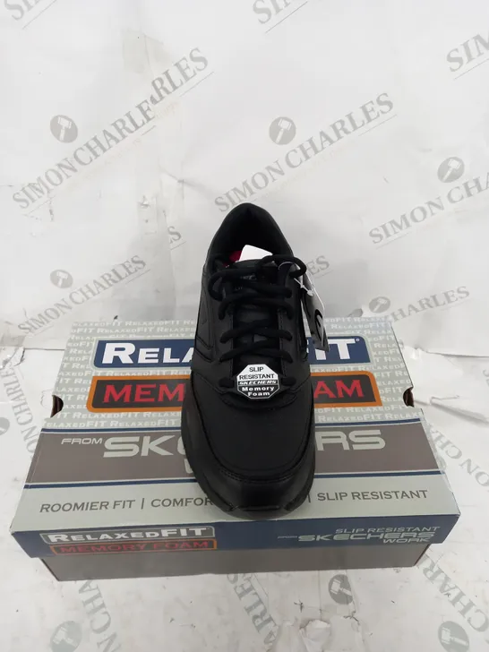 BOXED PAIR OF SKETCHERS SLIP RESISTANT BLACK WORK TRAINERS SIZE 8