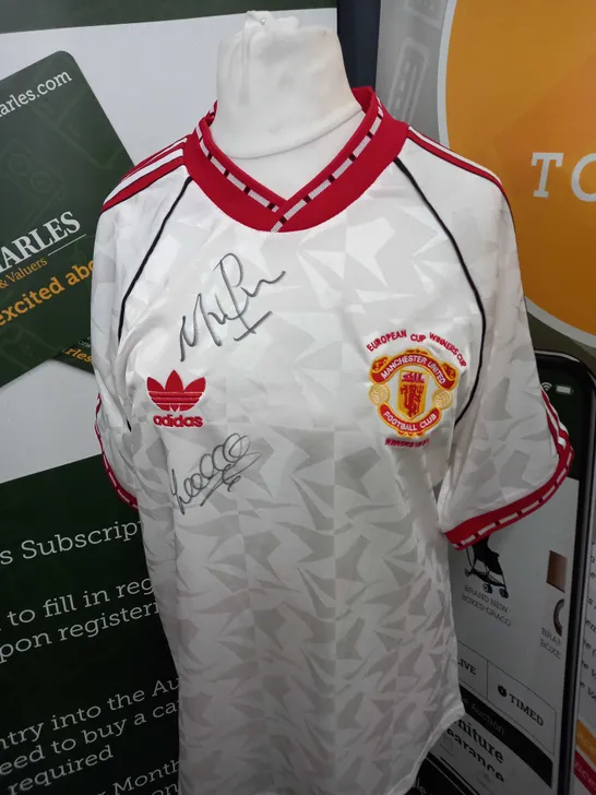 SIGNED MANCHESTER UNITED 1991 EUROPEAN CUP WINNERS CUP FINAL SHIRT WITH CERTIFICATE OF AUTHENTICITY SIZE L ( SIGNED BY PHELAN AND SHARPE )