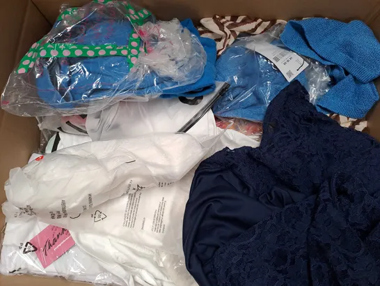 BOX OF APPROXIMATELY 25 ASSORTED CLOTHING ITEMS TO INCLUDE - TROUSERS , DRESS , T-SHIRT ETC