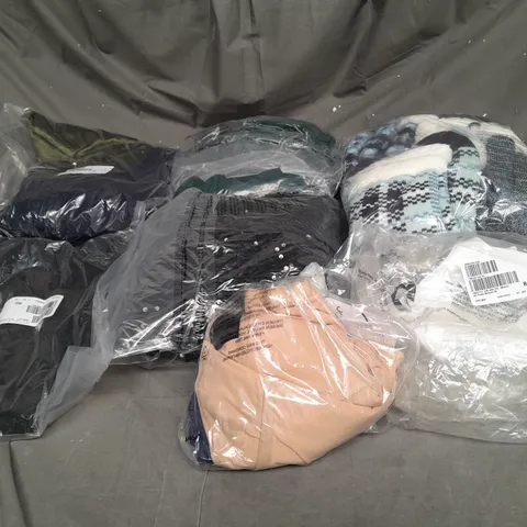 LARGE BOX OF ASSORTED CLOTHING ITEMS IN VARIOUS SIZES AND COLORS