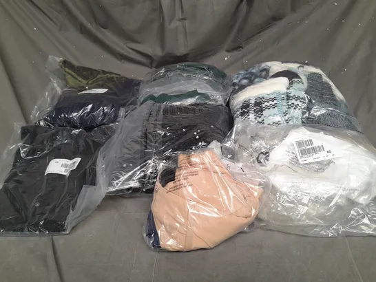 LARGE BOX OF ASSORTED CLOTHING ITEMS IN VARIOUS SIZES AND COLORS