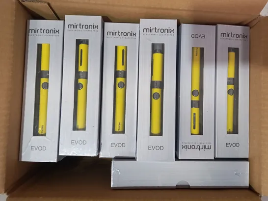 BOX OF APPROXIMATELY 25 MIRTRONIX EVOD ELECTRONIC CIGARETTES IN YELLOW